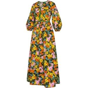 Vintage Tori Richard Honolulu Floral Barkcloth Maxi Dress Green Orange 70s Boho